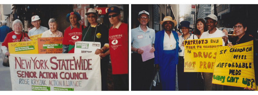 2 photos, seniors holding signs
